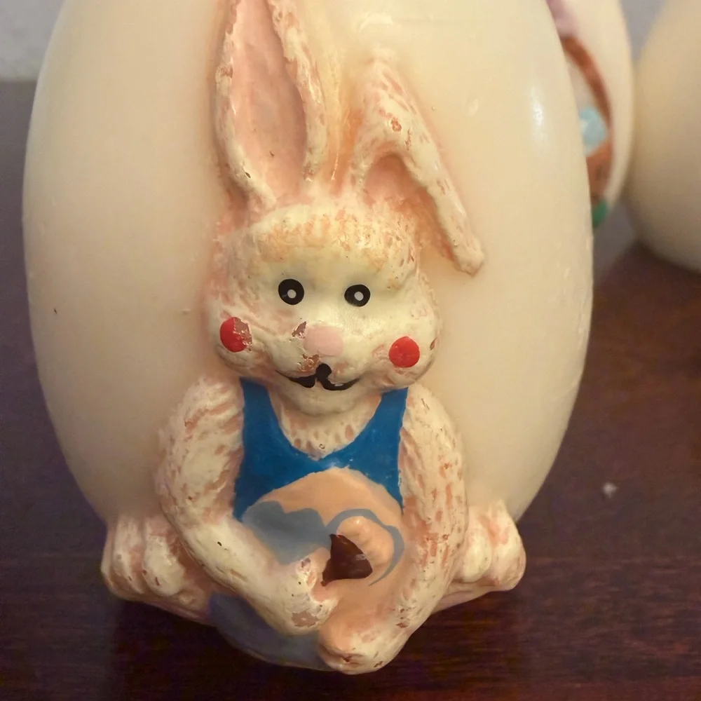 Vintage Egg Shaped Wax CandlesEaster Bunny Chick Design Unlit White Set Of 3